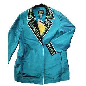 NEW Bob Mackie Women's S Aqua Silk Jacket Embroidered Trim Wearable Art Lined